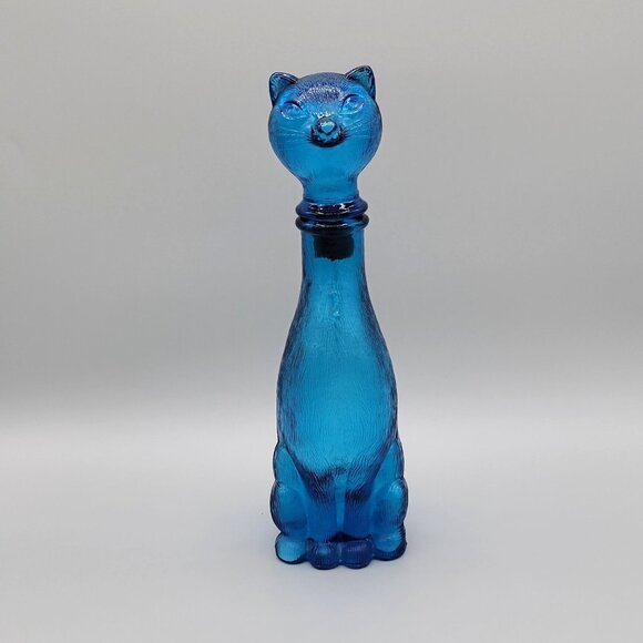 Empoli Other - Vintage Italian Empoli Blue Glass Cat Decanter Bottle Figural 9 Inch Tall 1960s